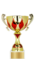 Lade das Bild in den Galerie-Viewer, Personalisierter Gold-Roter Henkelpokal mit Marmorfuß – 31,5 cm.
